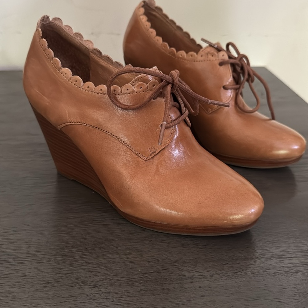 Jack Rogers Olivia Scalloped Bootie Sz 6 Leather Wedge Heel Shoes Western Preppy